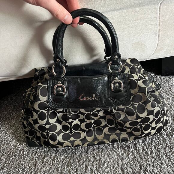 Coach Ashley Signature Logo Satchel Handbag Purse F15440 Black Leather Sateen - Picture 1 of 11